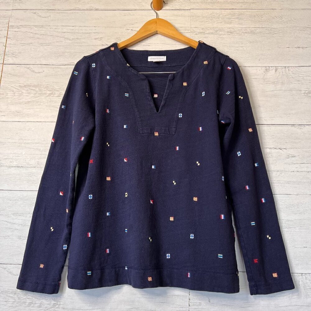 Charter Club Top Navy SZ Small Embroidered Flags Split Neck Cotton Long Sleeve